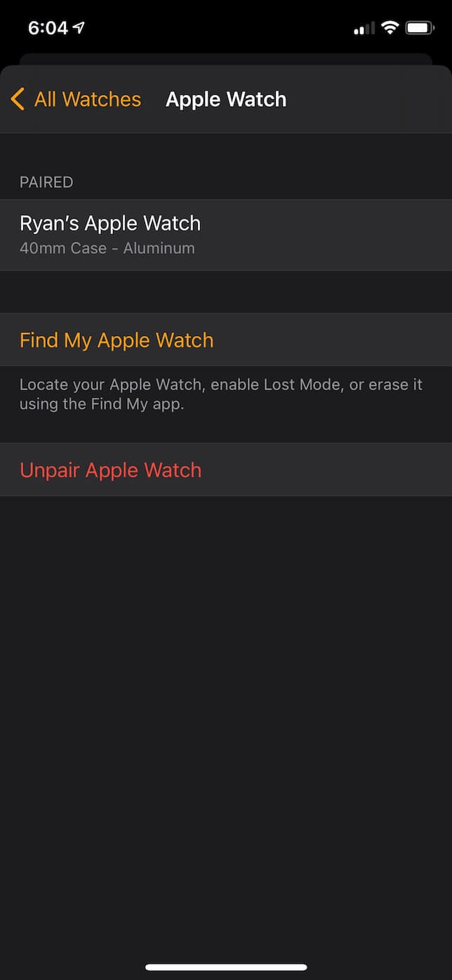 Screenshot of Apple Watch info screen in the Watch app.