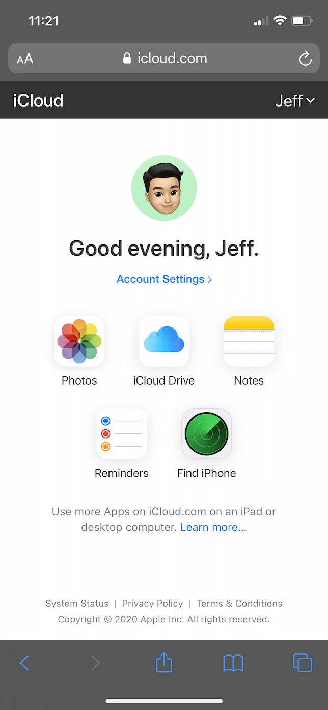 Captura de tela do iCloud.com no Safari no iOS
