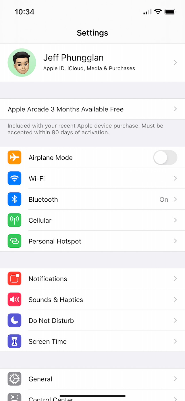 Screenshot of of Settings app in iOS.