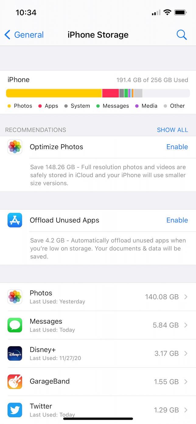 Screenshot of iPhone Storage window in Settings.