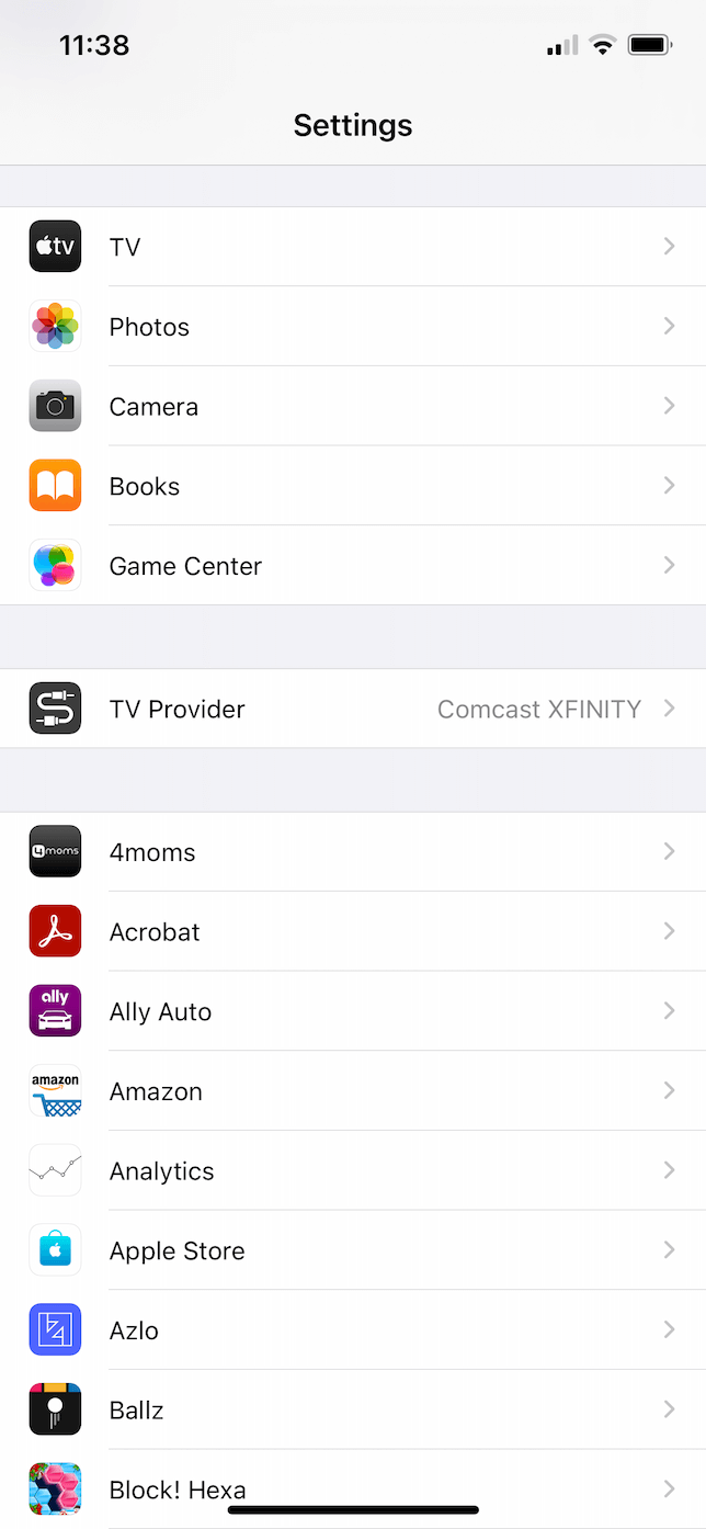 Screenshot of the Settings app in iOS.