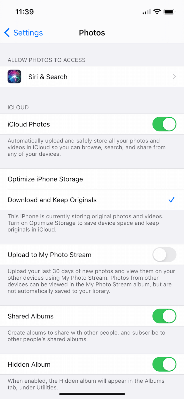 Screenshot of the Photos window in Settings.