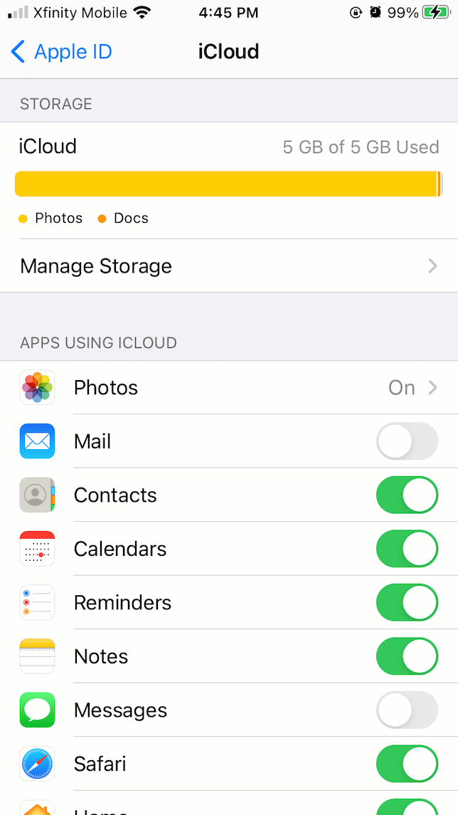 A screenshot showing how to manage iCloud storage on iPhone