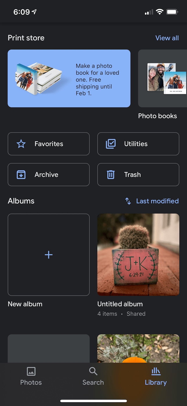 Screenshot of the Library tab in Google Photos.
