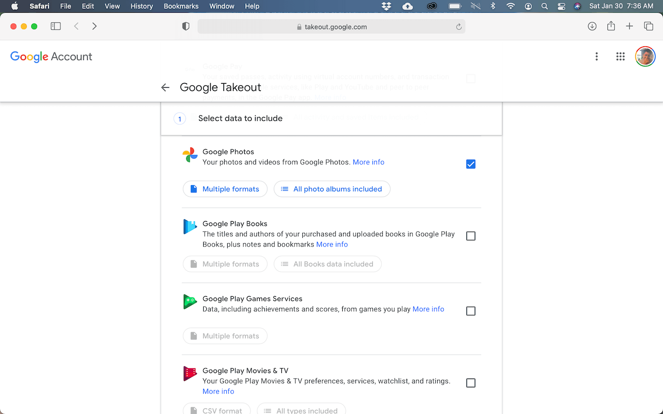 Screenshot of the Google Takeout page in Safari on macOS.