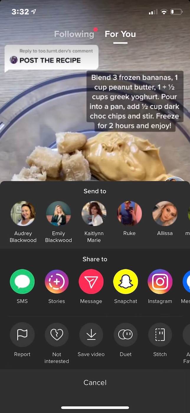 Screenshot showing how to Duet someone on TikTok.