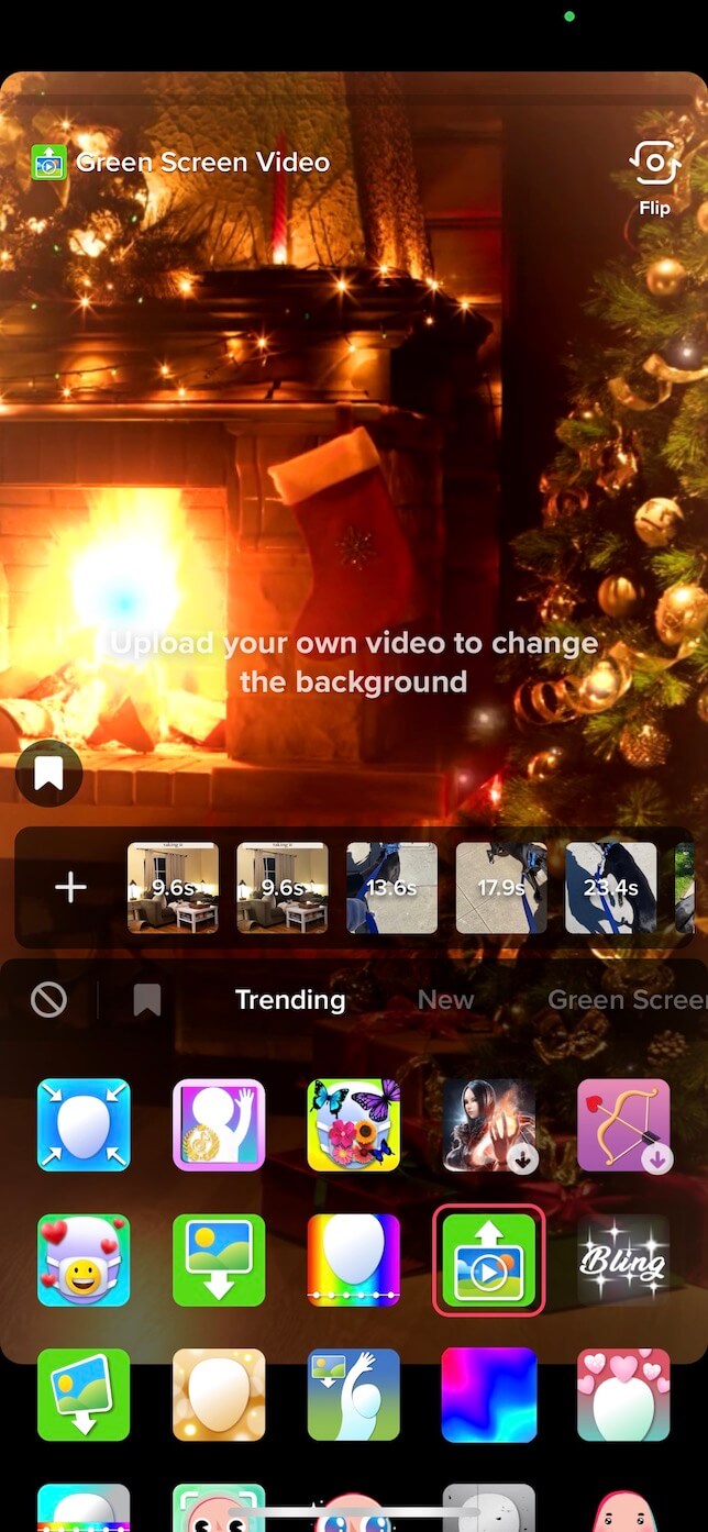 Second screenshot showing how to use the green screen effect on TikTok with a video background.