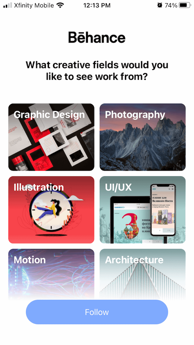 A screenshot showing the topic choices in Behance.