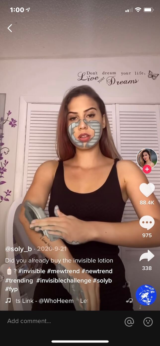 Screenshot showing the Invisible Filter on TikTok.