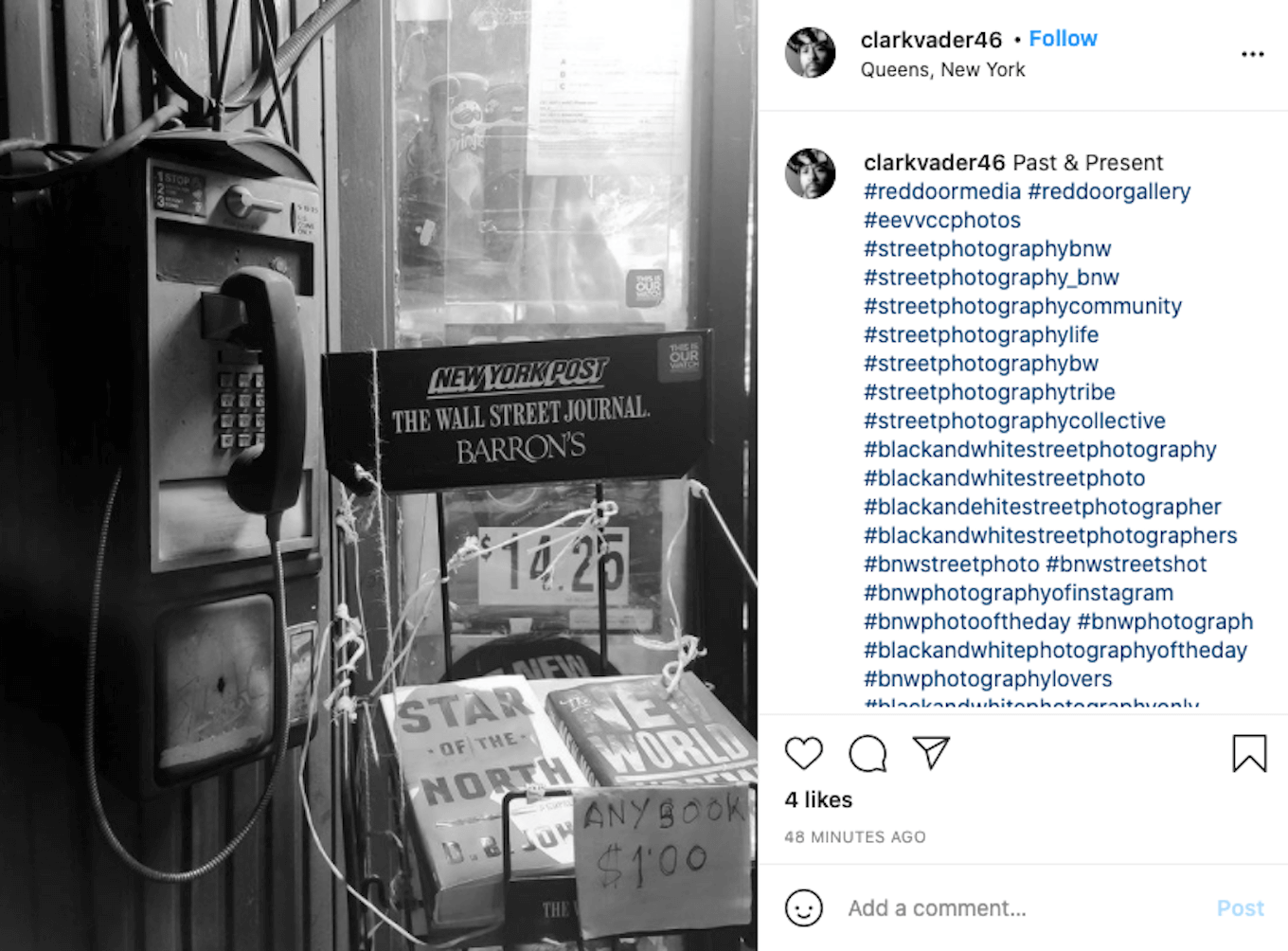 An Instagram screenshot featuring a black-and-white photo of a payphone next to books for sale.