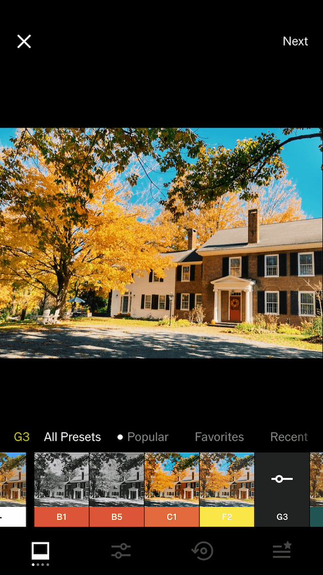 A screenshot demonstrating different presets in VSCO.