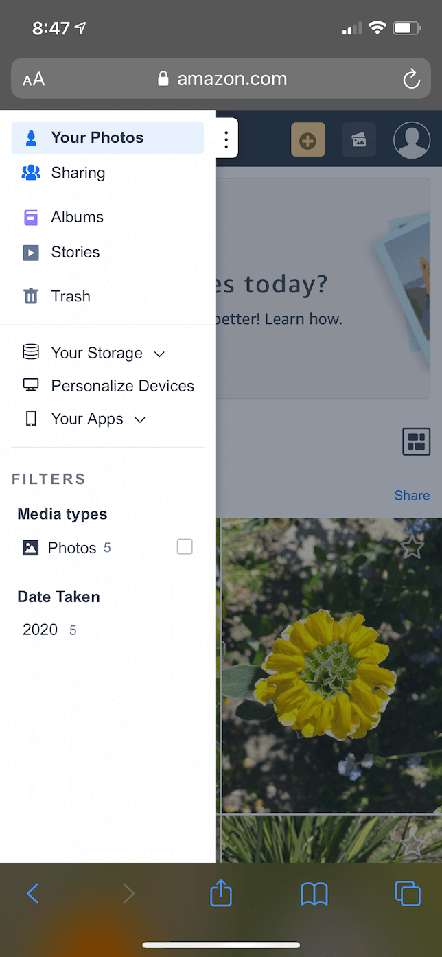 Screenshot of Amazon Photos in Safari in iOS.