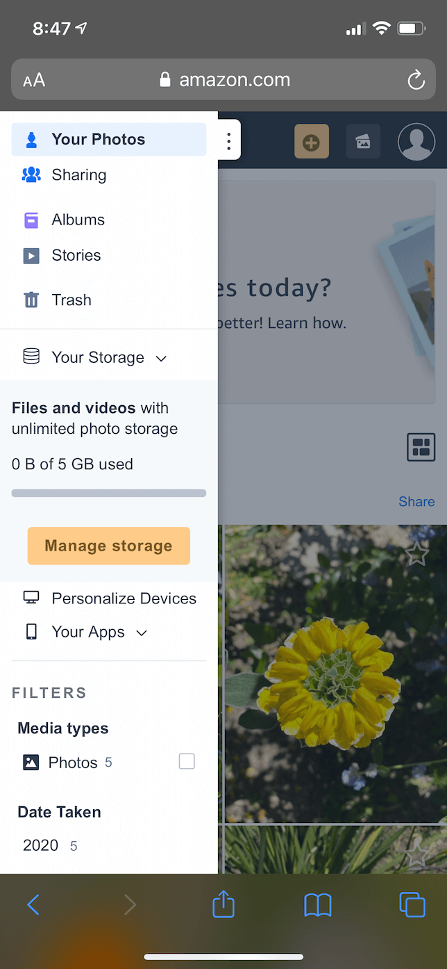 Screenshot of Storage menu in Amazon Photos in Safari.