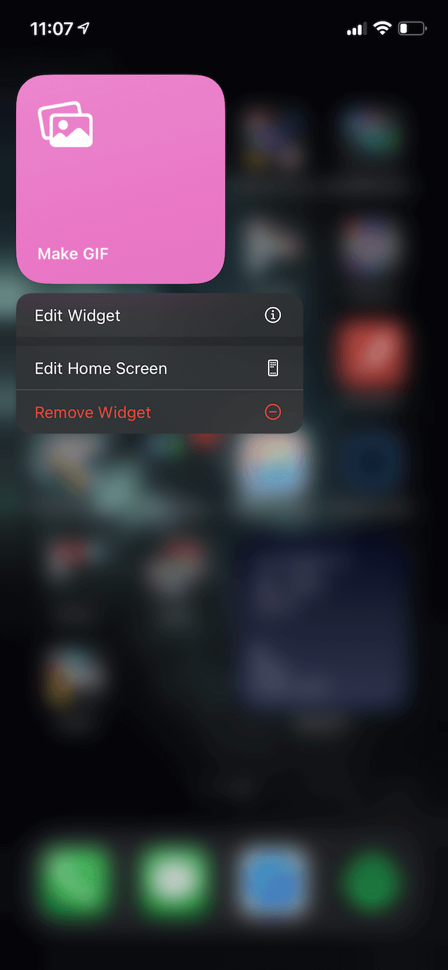 Screenshot of the edit action menu on an iOS widget.