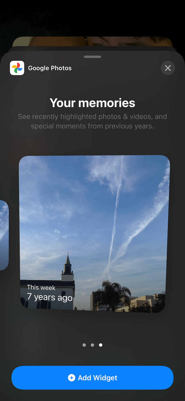 Screenshot of the Google Photos widget in the Selection menu.