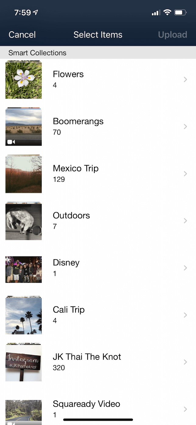 Screenshot of the Upload screen in the Amazon Photos iOS app.