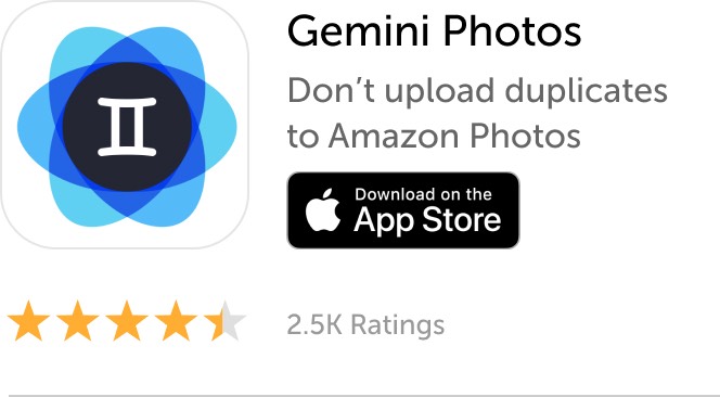 Mobile banner: Download Gemini Photos and don't upload duplicates to Amazon Photos