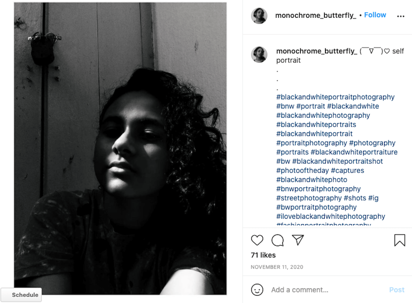 A black-and-white portrait from Instagram featuring a woman looking at the camera in deep shadows.