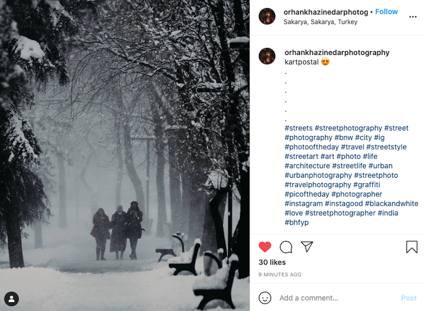 An Instagram screenshot showing good use of negative space with three people walking through the snow.
