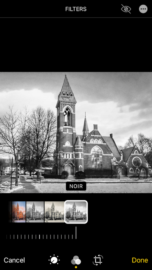 An after screenshot demonstrating how to use the Noir filter in the Photos app.