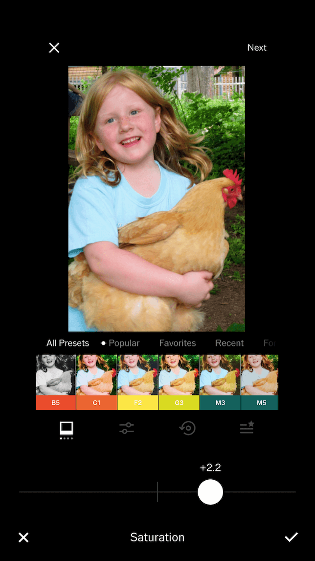 A screenshot showing a photo after saturation is applied in VSCO.