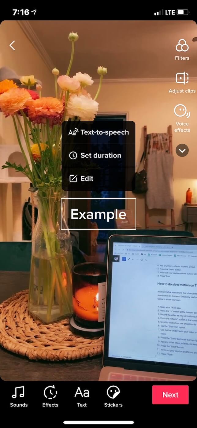 Screenshot showing how to add text to a TikTok at different times.