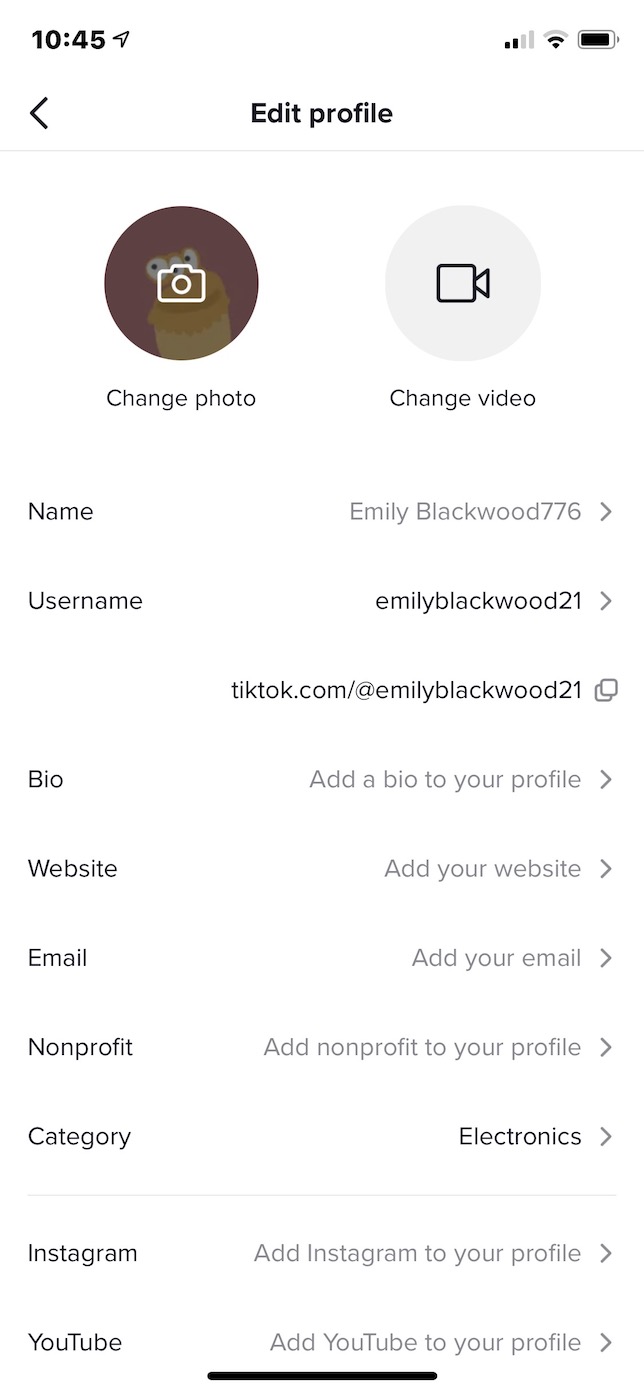 Screenshot showing how to change your TikTok username.