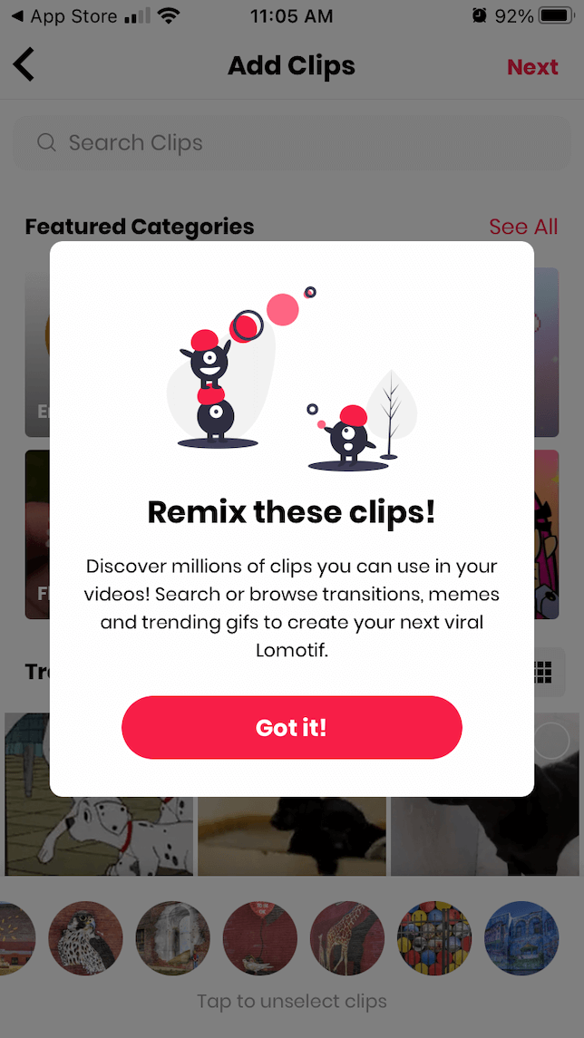 A screenshot showing how to remix clips using Lomotif.