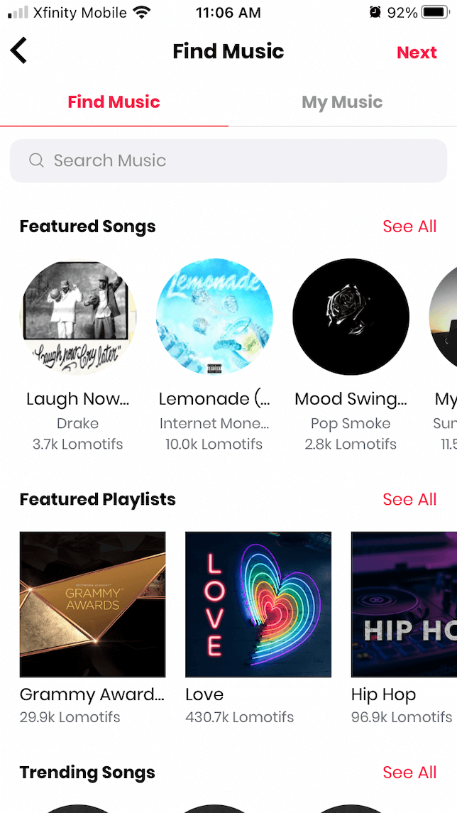 A screenshot showing your music choices on Lomotif.