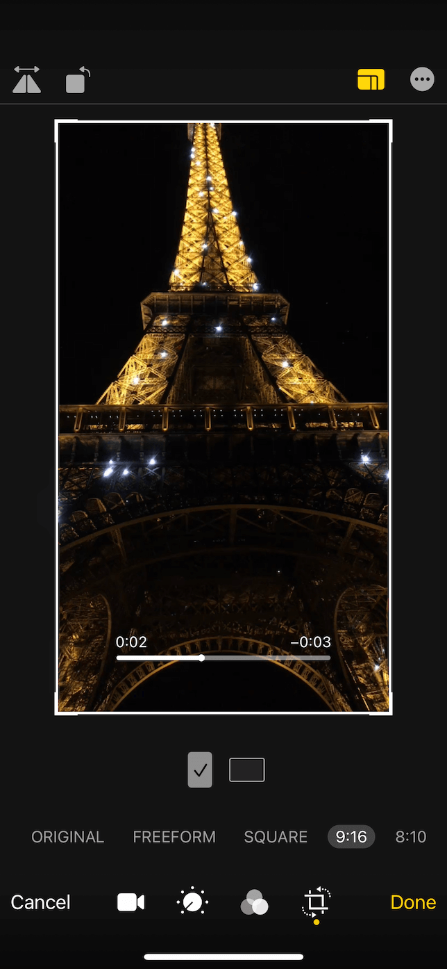 Screenshot of a 9:6 video crop in the Photos iOS app.