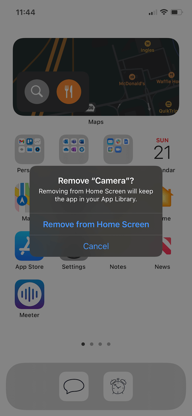 Screenshot of the option to confirm hiding an app in iOS 14.