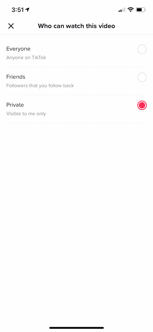 Screenshot of the Privacy Settings for TikTok videos.