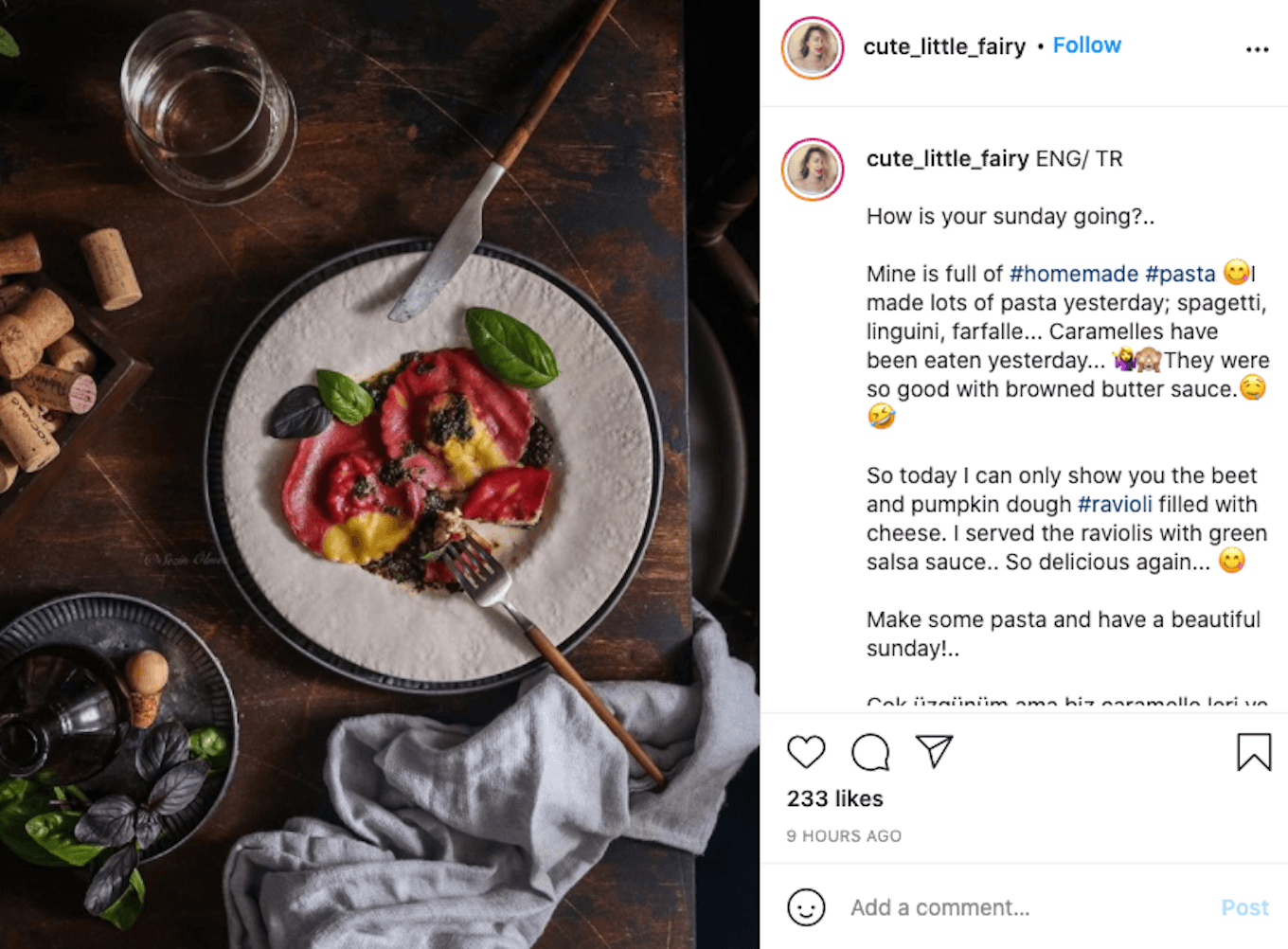 A photo from above of beet and pumpkin ravioli to demonstrate low-light food photography.