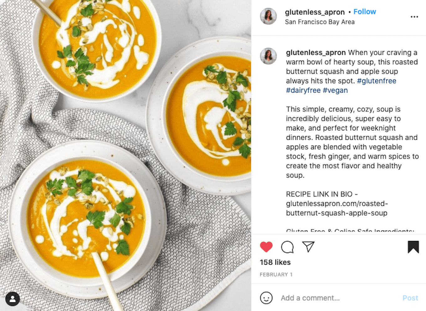 An Instagram photo of several bowls of squash soup to demonstrate using repeating patterns in food photography.