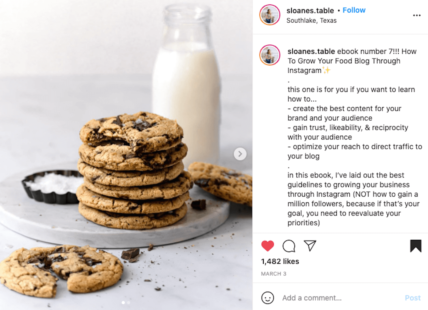 An Instagram photo of chocolate chip cookies and a jar of milk to demonstrate use of props in photography.