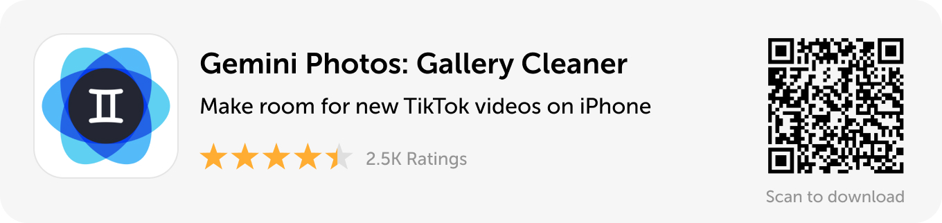 Desktop banner: Download Gemini Photos to make room for new TikTok videos on iPhone