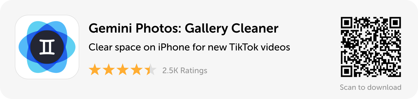 Desktop banner: Download Gemini Photos to clear space on iPhone for new TikTok videos