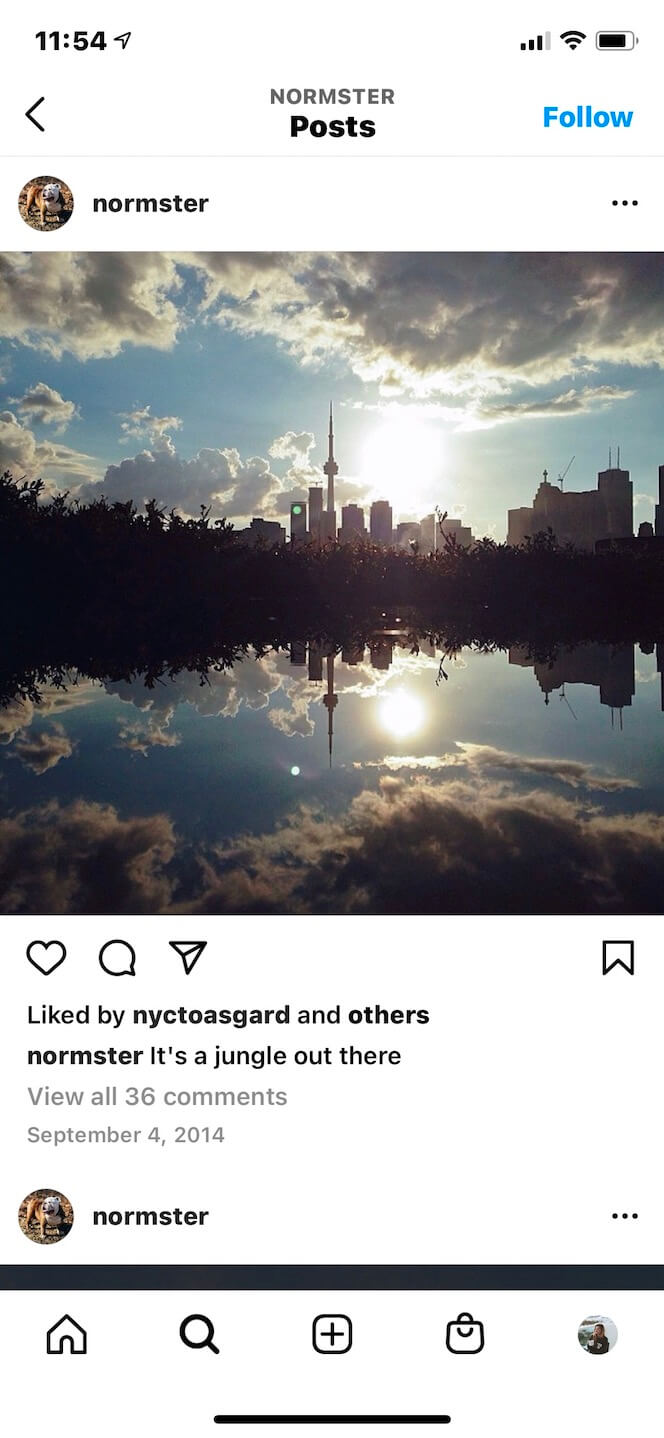 Screenshot showing @normster's Instagram.