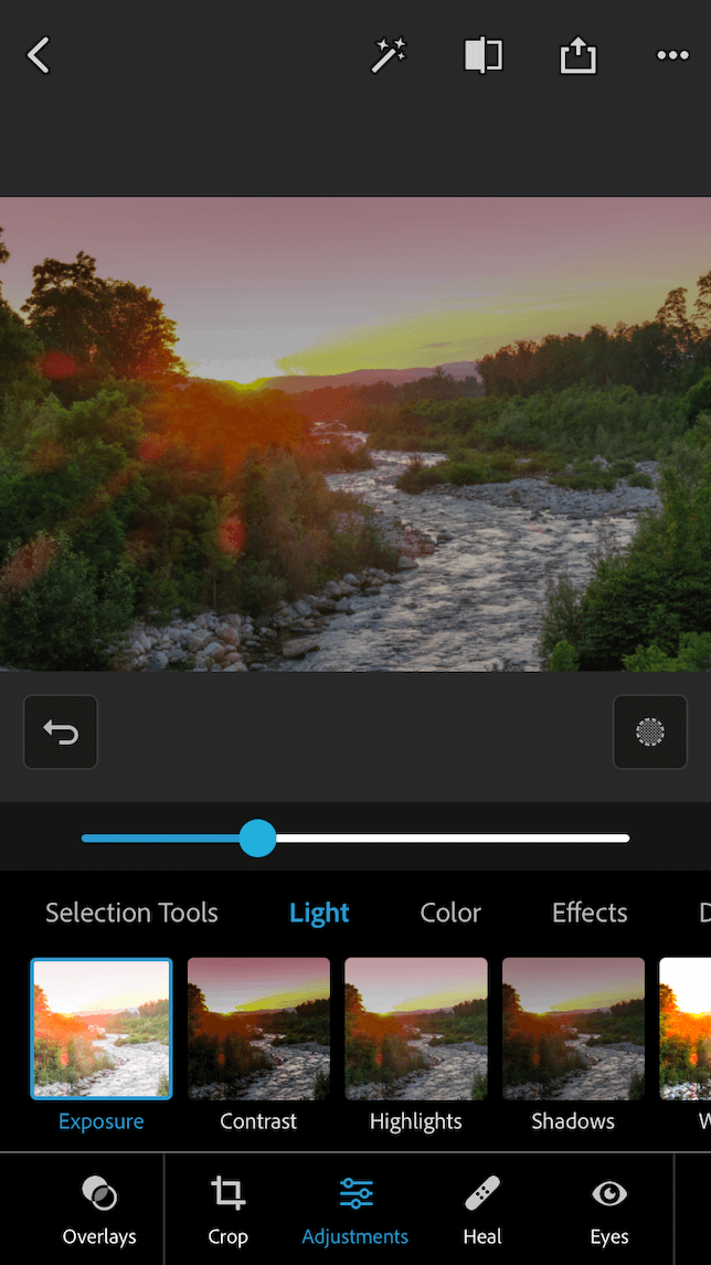 A screenshot of a sunset demonstrating how to fix an overexposed image using sliders.