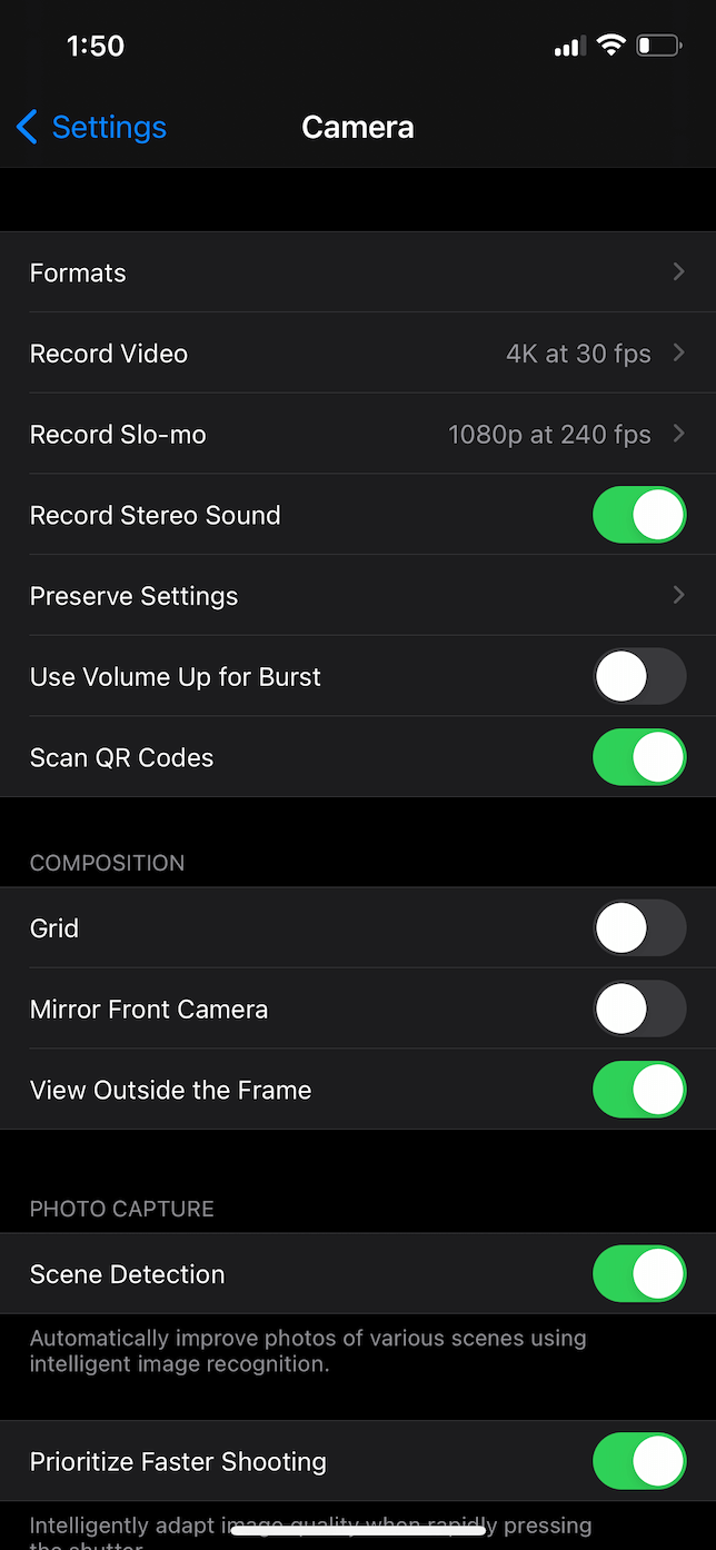 Screenshot of iOS Camera settings.