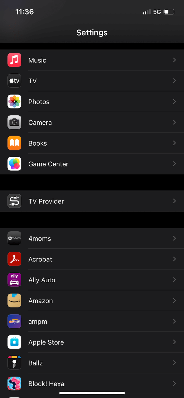 Screenshot of the Settings app in iOS.