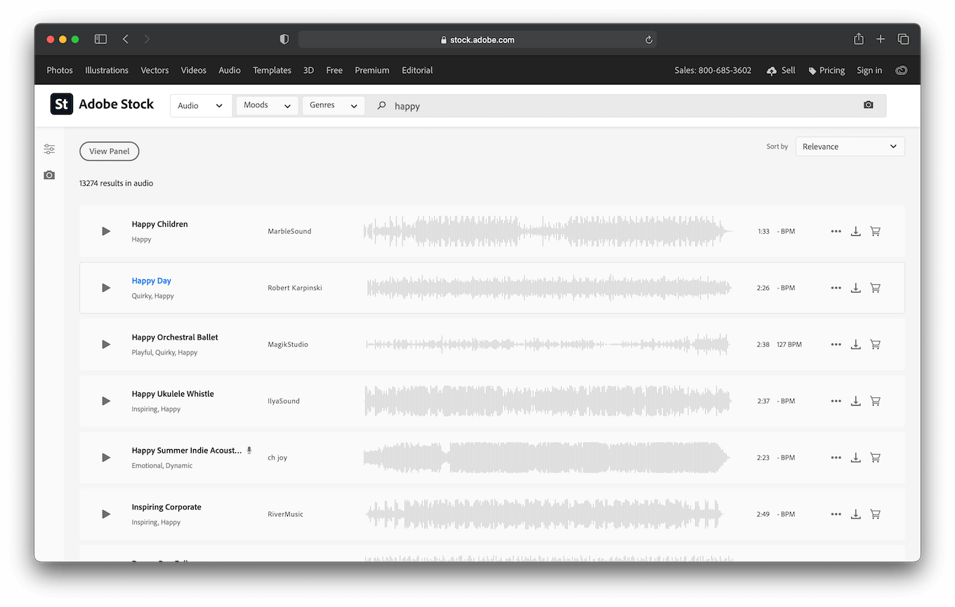 Screenshot of Adobe Stock music.