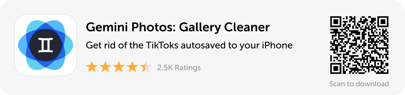 Desktop banner: Download Gemini Photos and get rid fo the TikToks autosaved to your iPhone