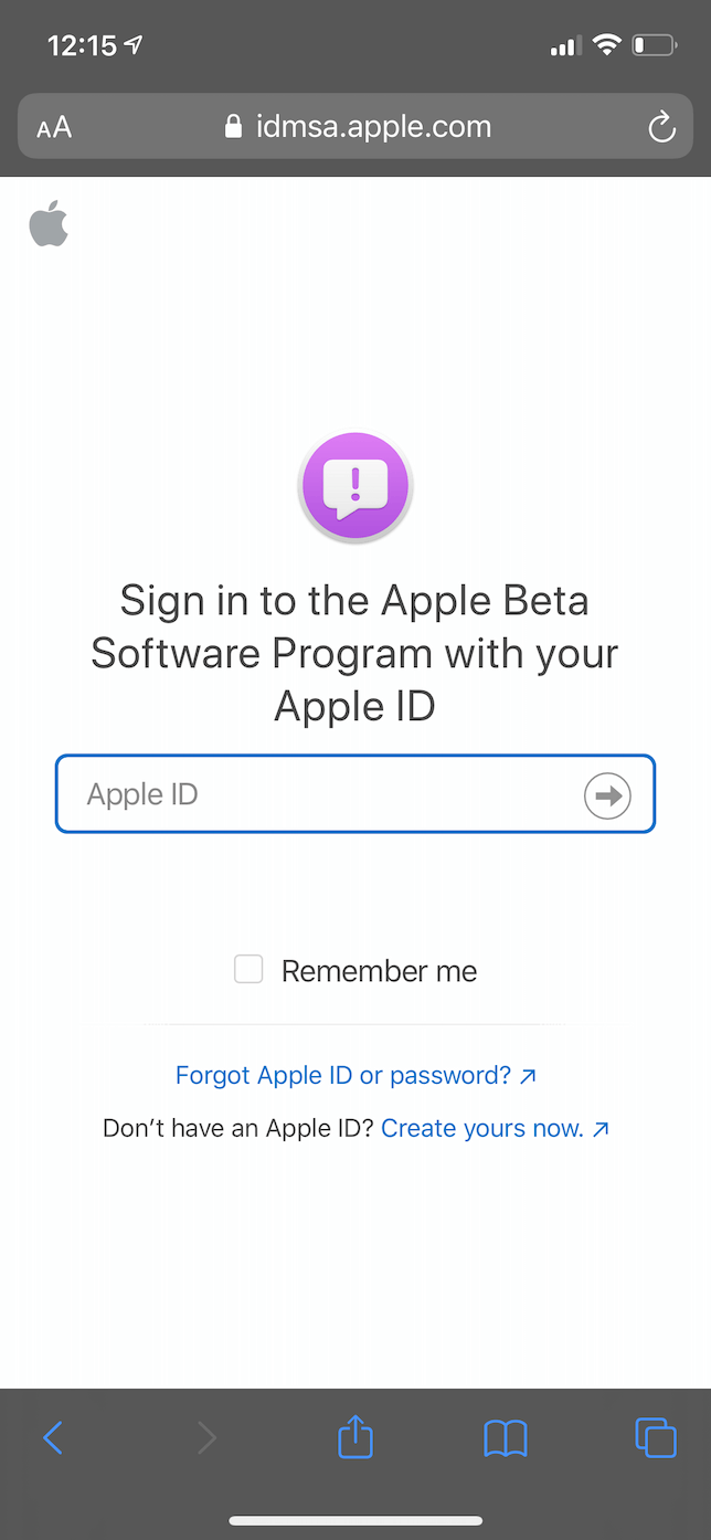 Screenshot of the sign-in page for the Apple Beta Program.