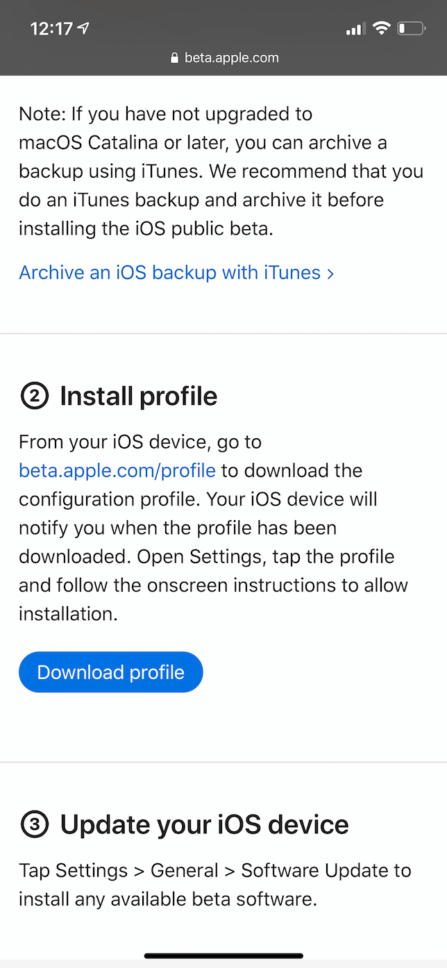 Screenshot of how to download the beta iOS profile.