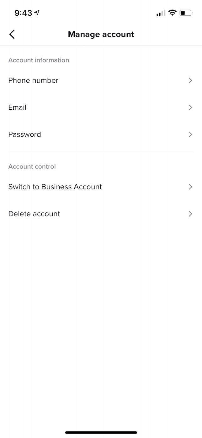 Screenshot of TikTok account settings.