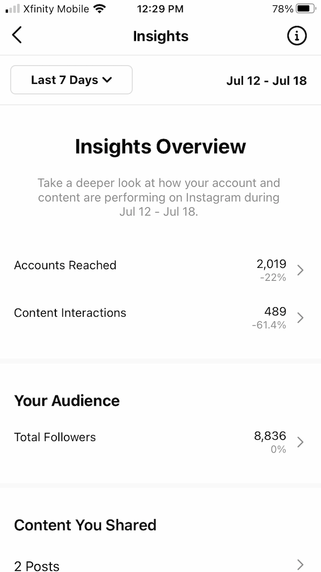 A screenshot showing an overview of Instagram Insights.