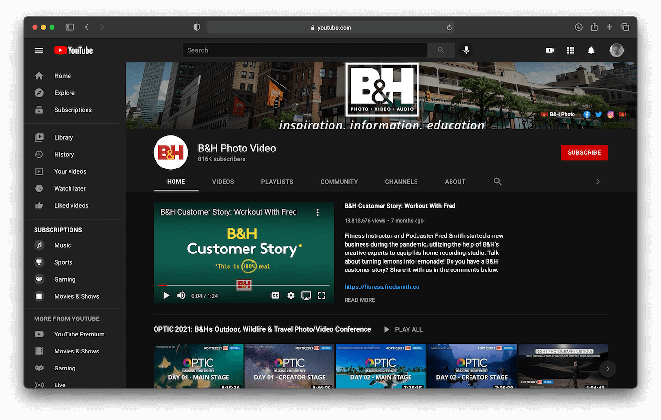 Screenshot of B&H Photo's YouTube channel.