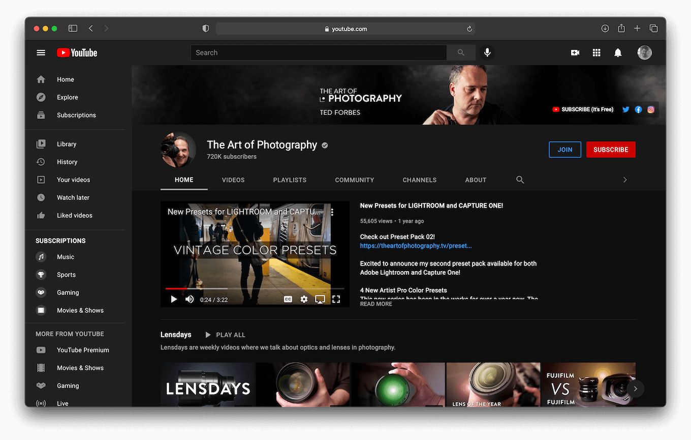 Screenshot of The Art of Photography YouTube channel.