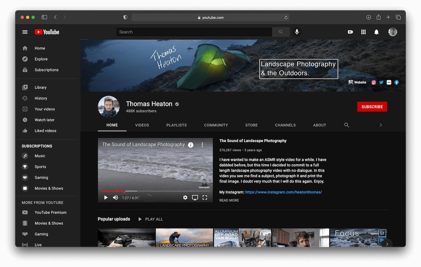 Screenshot of Thomas Heaton's YouTube channel.